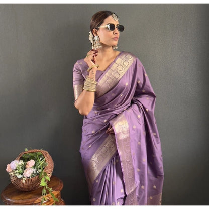 Generic Women's Satin Printed Saree With Unstitched Blouse 5.5Mtr (Purple)