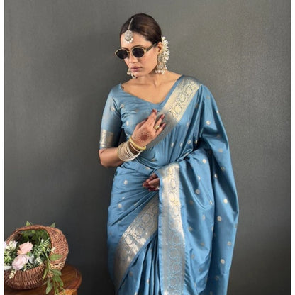 Generic Women's Satin Printed Saree With Unstitched Blouse 5.5Mtr (light Blue)