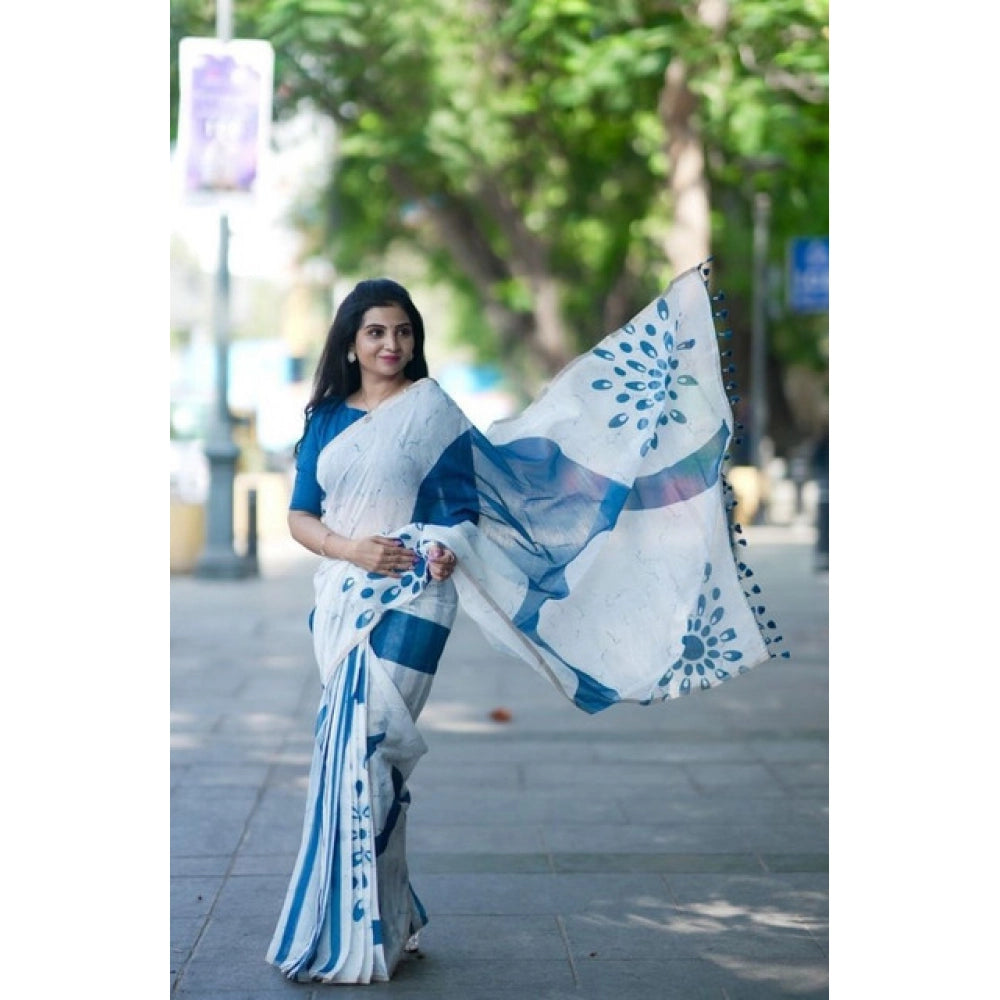 Generic Women's Linen Printed Saree With Unstitched Blouse 5.5Mtr (White)