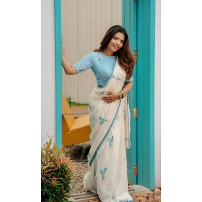 Generic Women's Linen Printed Saree With Unstitched Blouse 5.5Mtr (White)