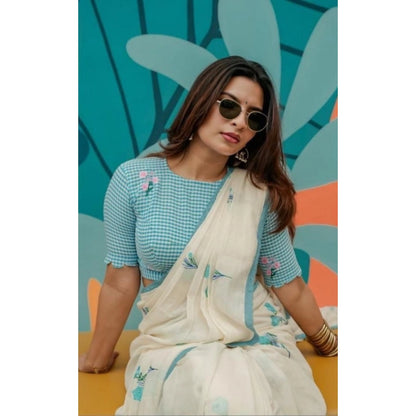 Generic Women's Linen Printed Saree With Unstitched Blouse 5.5Mtr (White)