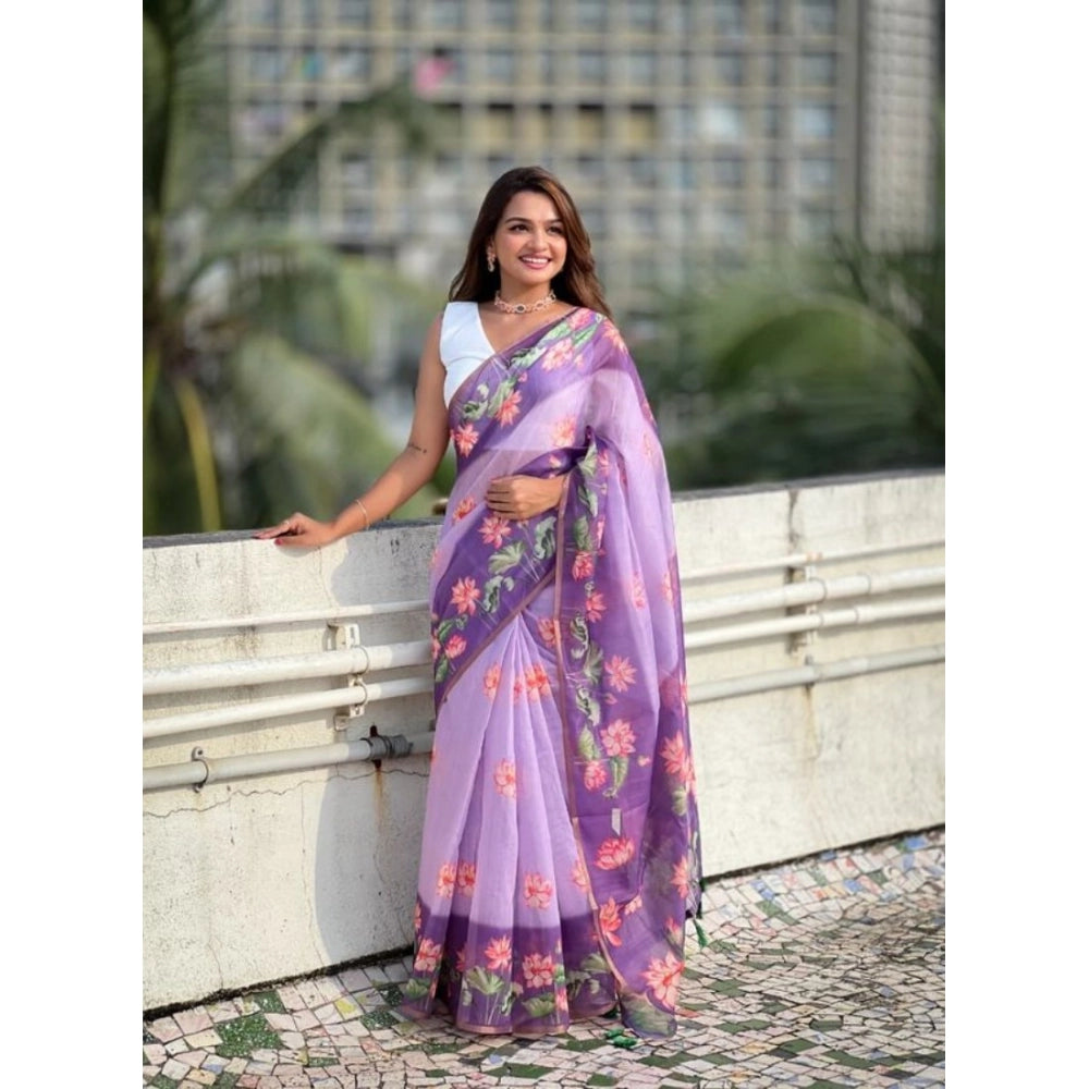 Generic Women's Linen Printed Saree With Unstitched Blouse 5.5Mtr (Purple)