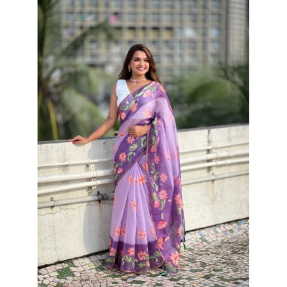 Generic Women's Linen Printed Saree With Unstitched Blouse 5.5Mtr (Purple)