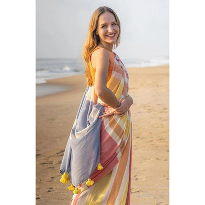Generic Women's Linen Printed Saree With Unstitched Blouse 5.5Mtr (Yellow)