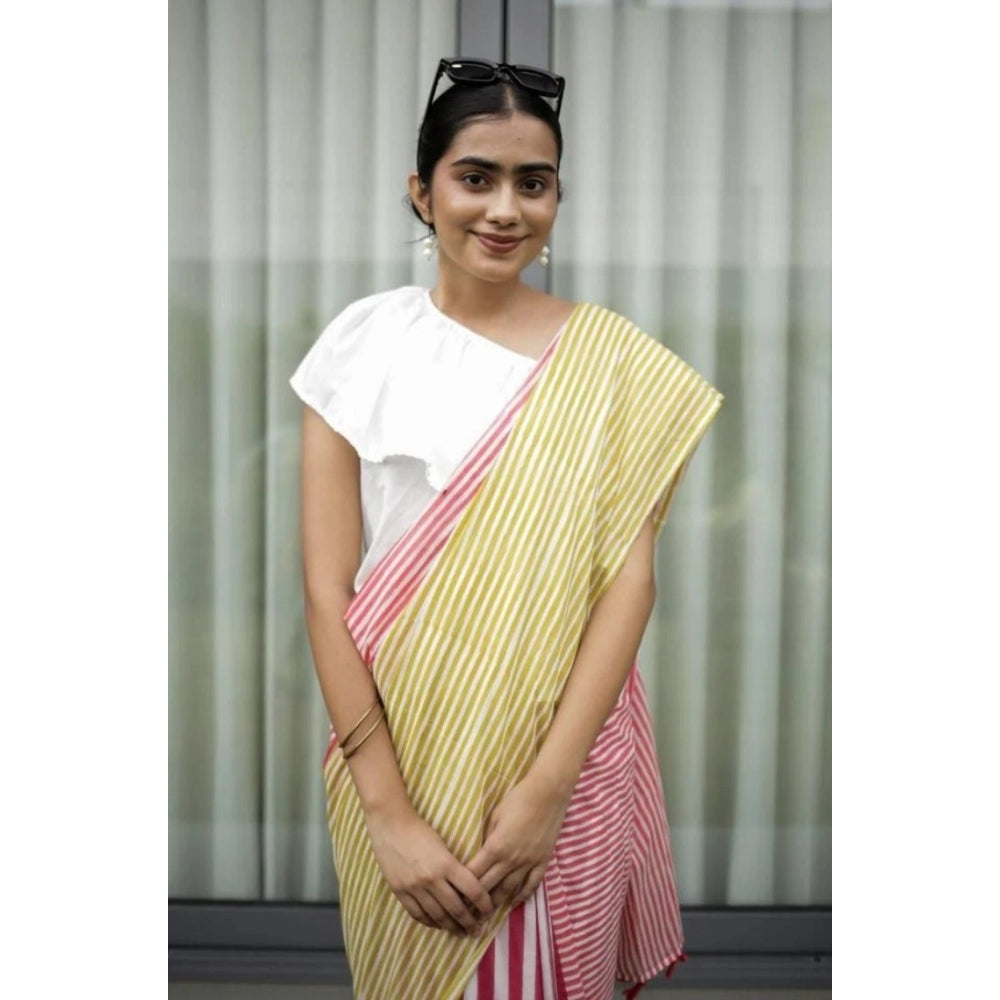 Generic Women's Linen Printed Saree With Unstitched Blouse 5.5Mtr (Yellow)