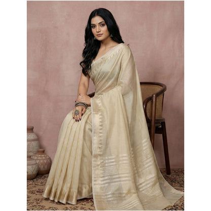 Generic Women's Cotton Printed Saree With Unstitched Blouse 5.5Mtr (Cream)