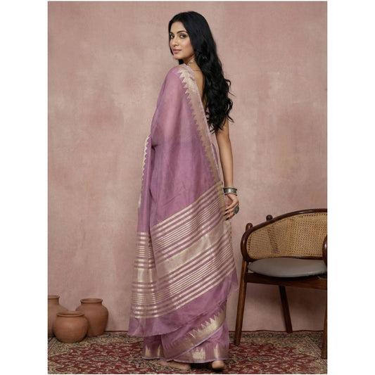 Generic Women's Cotton Printed Saree With Unstitched Blouse 5.5Mtr (Purple)
