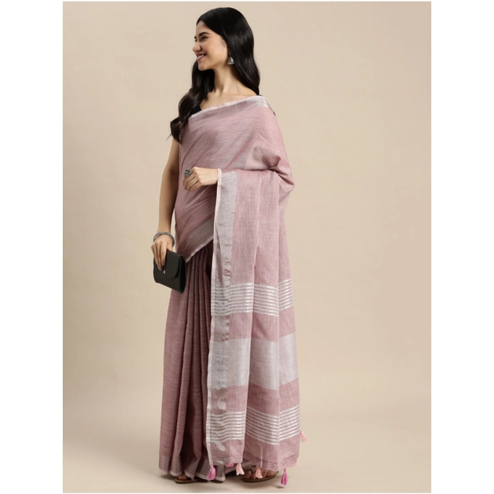 Generic Women's Linen Cotton Printed Saree With Unstitched Blouse 5.5Mtr (Purple)