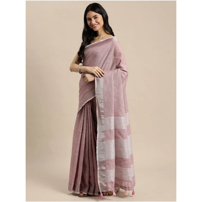 Generic Women's Linen Cotton Printed Saree With Unstitched Blouse 5.5Mtr (Purple)