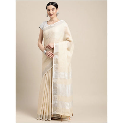 Generic Women's Linen Cotton Printed Saree With Unstitched Blouse 5.5Mtr (Cream)