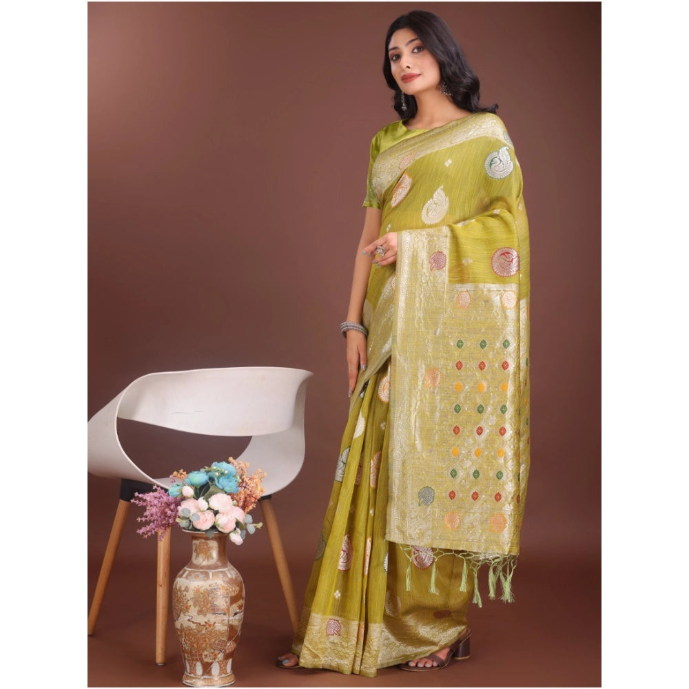 Generic Women's Linen Cotton Printed Saree With Unstitched Blouse 5.5Mtr (Mustrad)