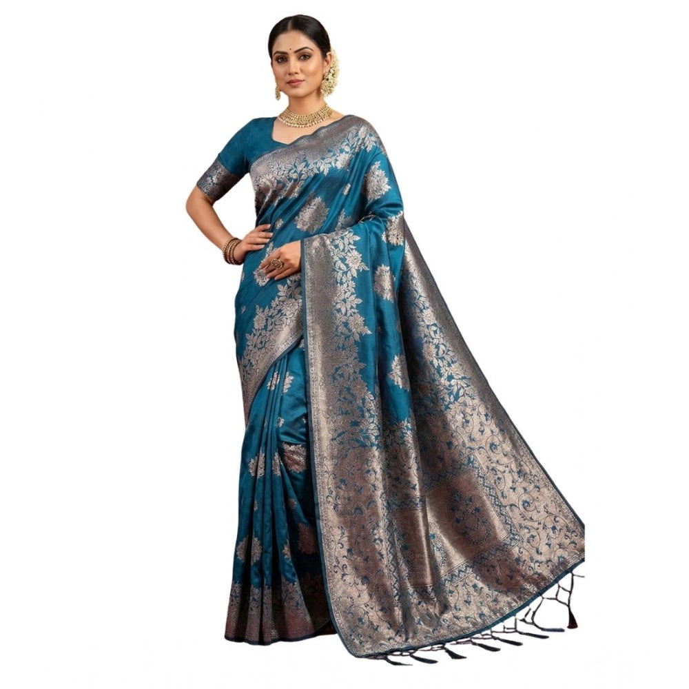 Generic Women's Silk Blend Printed Saree With Unstitched Blouse 5.5Mtr (Teal Blue)