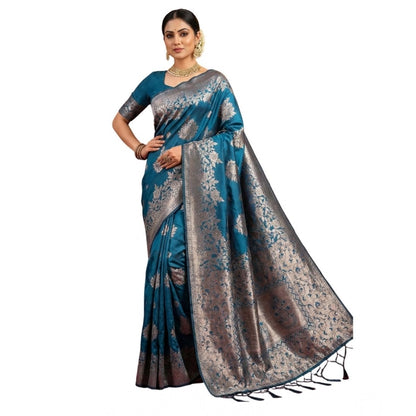 Generic Women's Silk Blend Printed Saree With Unstitched Blouse 5.5Mtr (Teal Blue)
