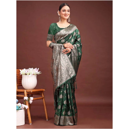 Generic Women's Banarasi Silk Printed Saree With Unstitched Blouse 5.5Mtr (Dark Green)