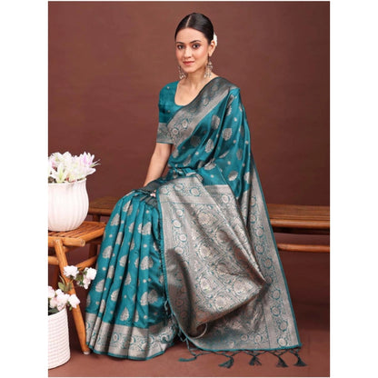 Generic Women's Banarasi Silk Printed Saree With Unstitched Blouse 5.5Mtr (Sea Green)