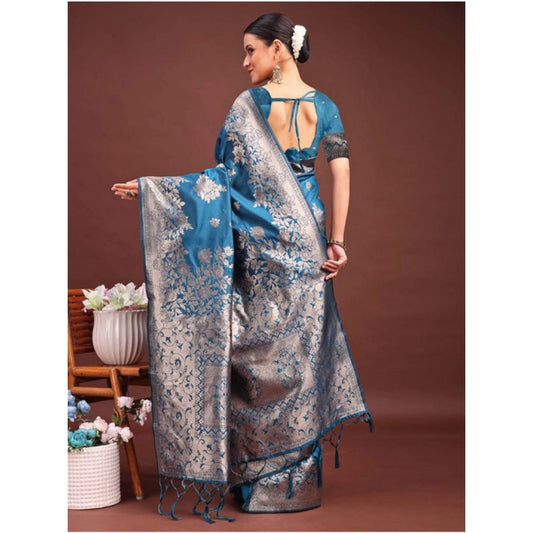 Generic Women's Banarasi Silk Printed Saree With Unstitched Blouse 5.5Mtr (Teal Blue)