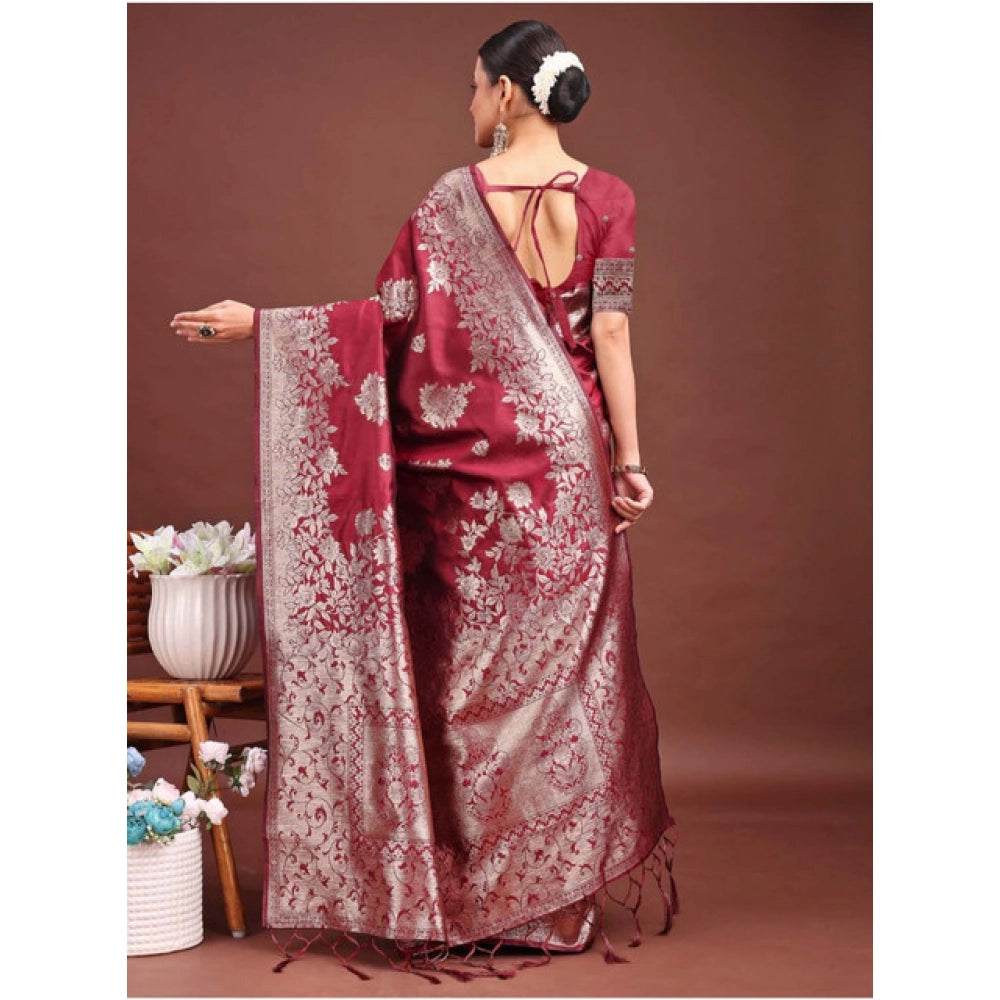 Generic Women's Banarasi Silk Printed Saree With Unstitched Blouse 5.5Mtr (Maroon)