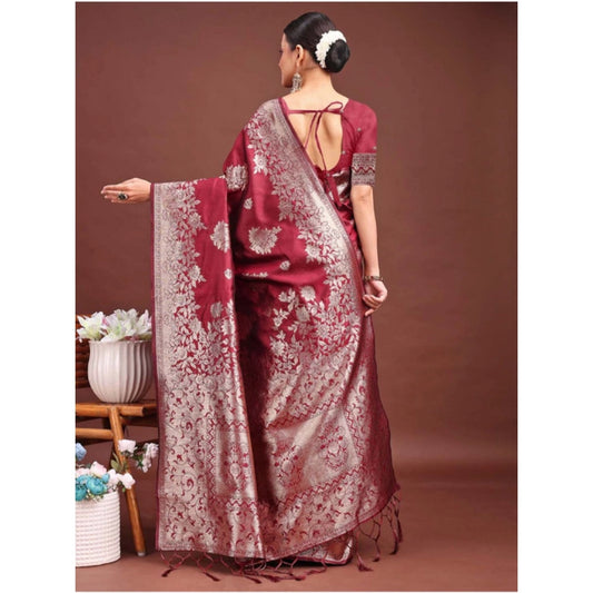 Generic Women's Banarasi Silk Printed Saree With Unstitched Blouse 5.5Mtr (Maroon)