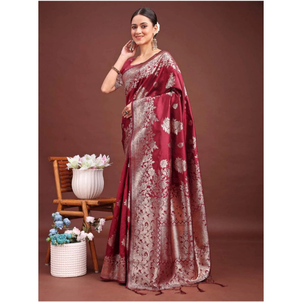 Generic Women's Banarasi Silk Printed Saree With Unstitched Blouse 5.5Mtr (Maroon)