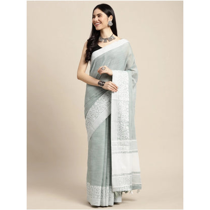 Generic Women's Linen Printed Saree With Unstitched Blouse 5.5Mtr (Sea Green)