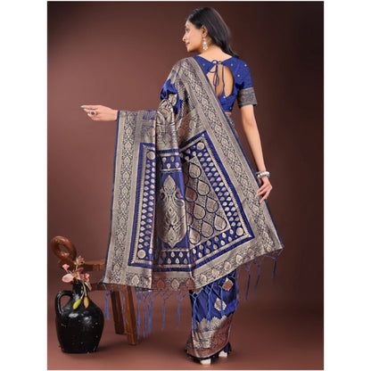 Generic Women's Silk Printed Saree With Unstitched Blouse 5.5Mtr (Navy Blue)
