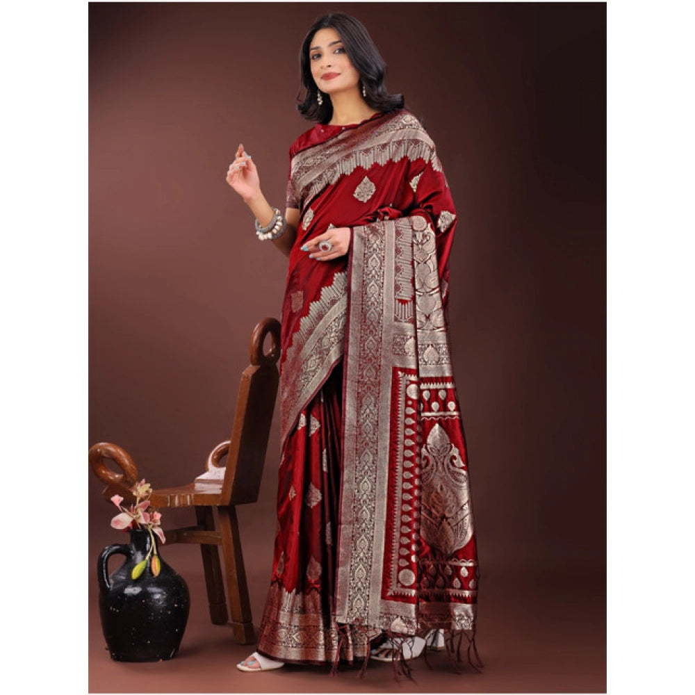 Generic Women's Silk Printed Saree With Unstitched Blouse 5.5Mtr (Maroon)