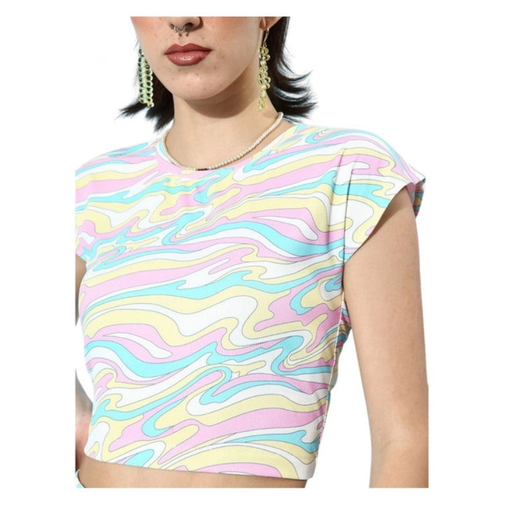 Generic Women's Polyester Lycra Printed Cap Sleeve Co-Ord Set (Multicolor)