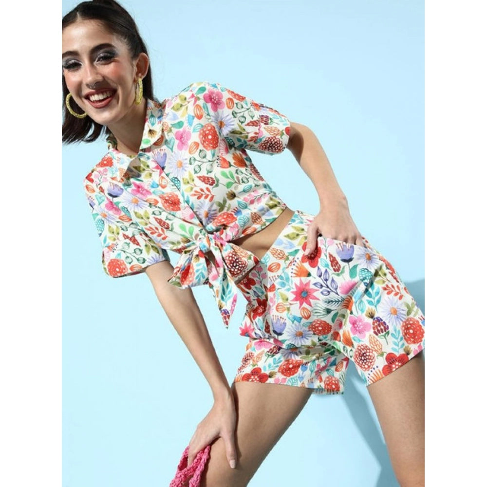 Generic Women's Polyester Floral Short Sleeve Co-Ord Set (Multicolor)
