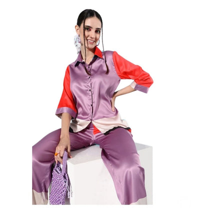 Generic Women's Satin Colour Block Long Sleeves Co-Ord Set (Multicolor)