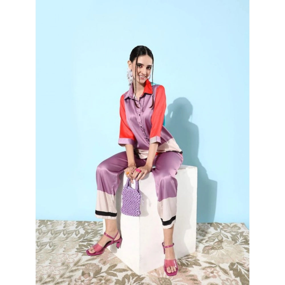 Generic Women's Satin Colour Block Long Sleeves Co-Ord Set (Multicolor)