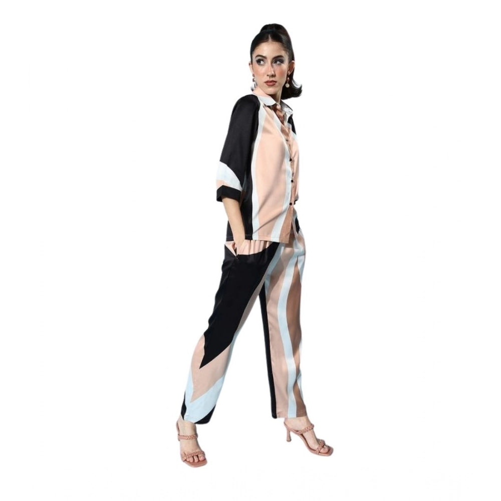 Generic Women's Satin Colour Block Long Sleeves Co-Ord Set (Beige - Black)