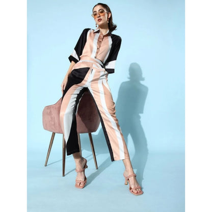 Generic Women's Satin Colour Block Long Sleeves Co-Ord Set (Beige - Black)