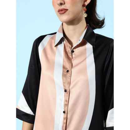 Generic Women's Satin Colour Block Long Sleeves Co-Ord Set (Beige - Black)