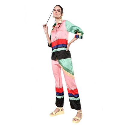 Generic Women's Satin Colour Block Long Sleeves Co-Ord Set (Multicolor)