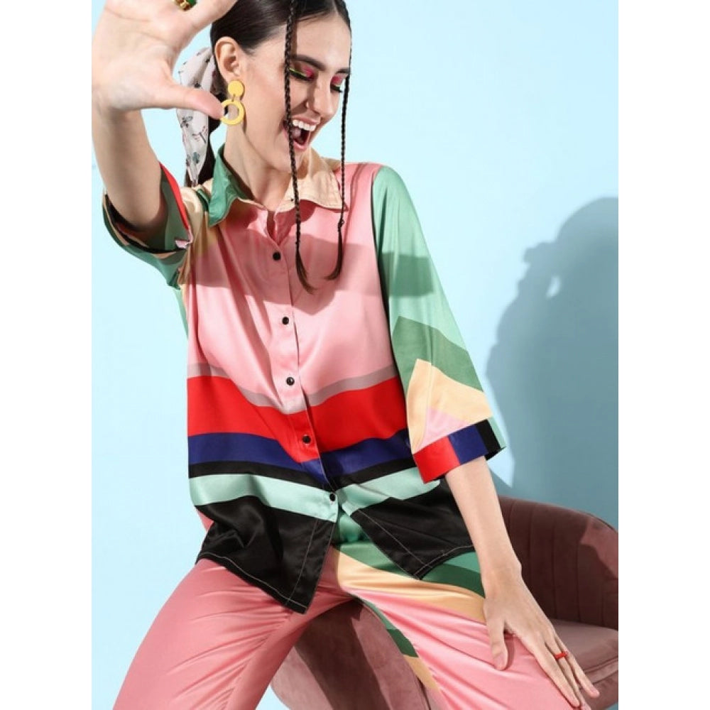 Generic Women's Satin Colour Block Long Sleeves Co-Ord Set (Multicolor)
