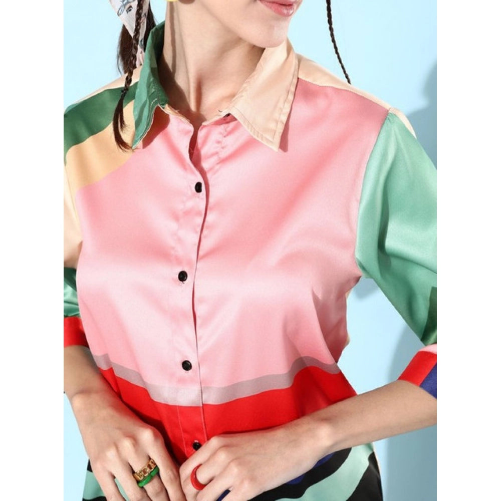 Generic Women's Satin Colour Block Long Sleeves Co-Ord Set (Multicolor)