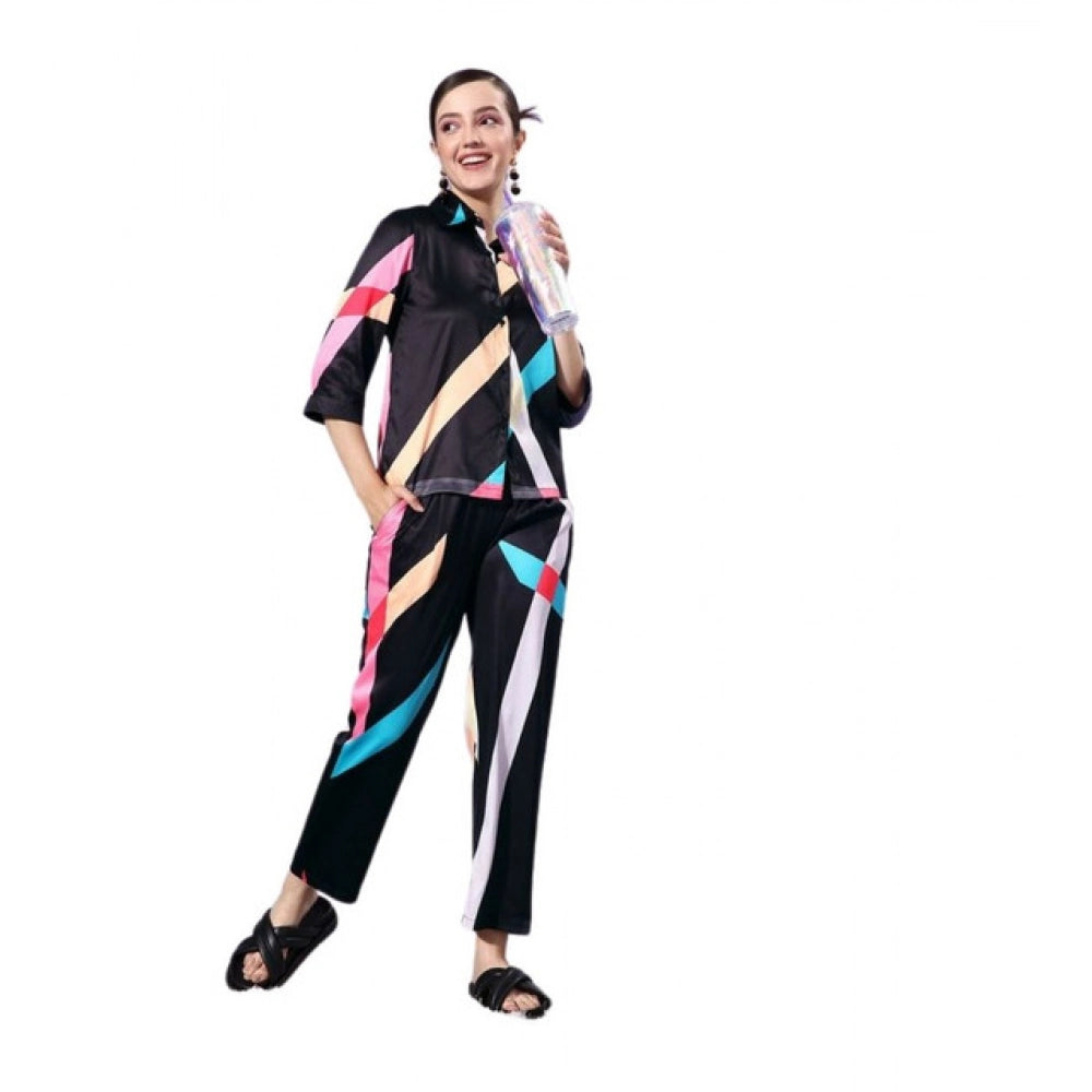 Generic Women's Satin Colour Block Long Sleeves Co-Ord Set (Multicolor)