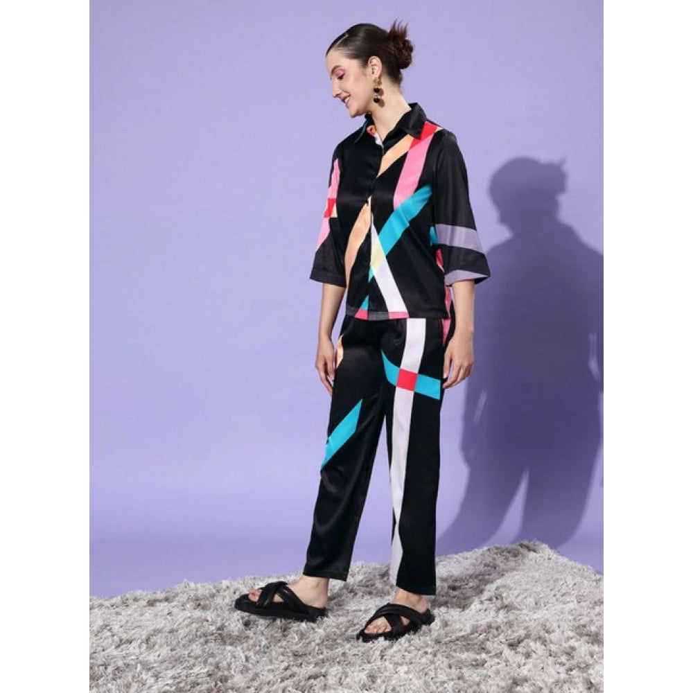 Generic Women's Satin Colour Block Long Sleeves Co-Ord Set (Multicolor)