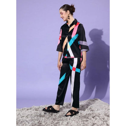 Generic Women's Satin Colour Block Long Sleeves Co-Ord Set (Multicolor)