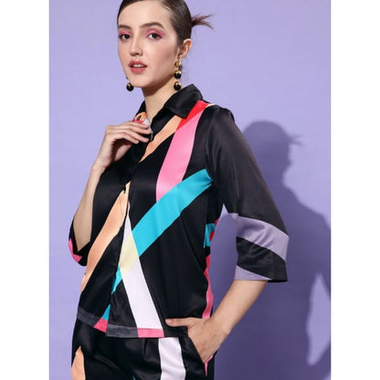 Generic Women's Satin Colour Block Long Sleeves Co-Ord Set (Multicolor)