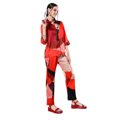 Generic Women's Satin Colour Block Long Sleeves Co-Ord Set (Multicolor)