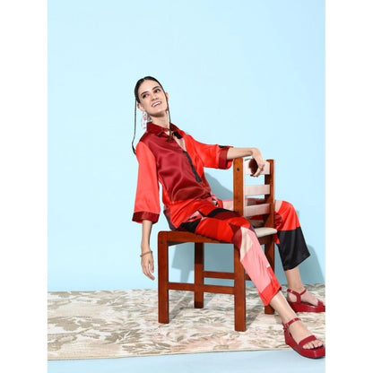 Generic Women's Satin Colour Block Long Sleeves Co-Ord Set (Multicolor)