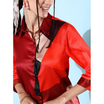 Generic Women's Satin Colour Block Long Sleeves Co-Ord Set (Multicolor)