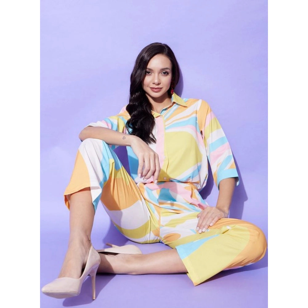 Generic Women's Polyester Colour Blocking 3-4th Sleeve Co-Ord Set (Multicolor)