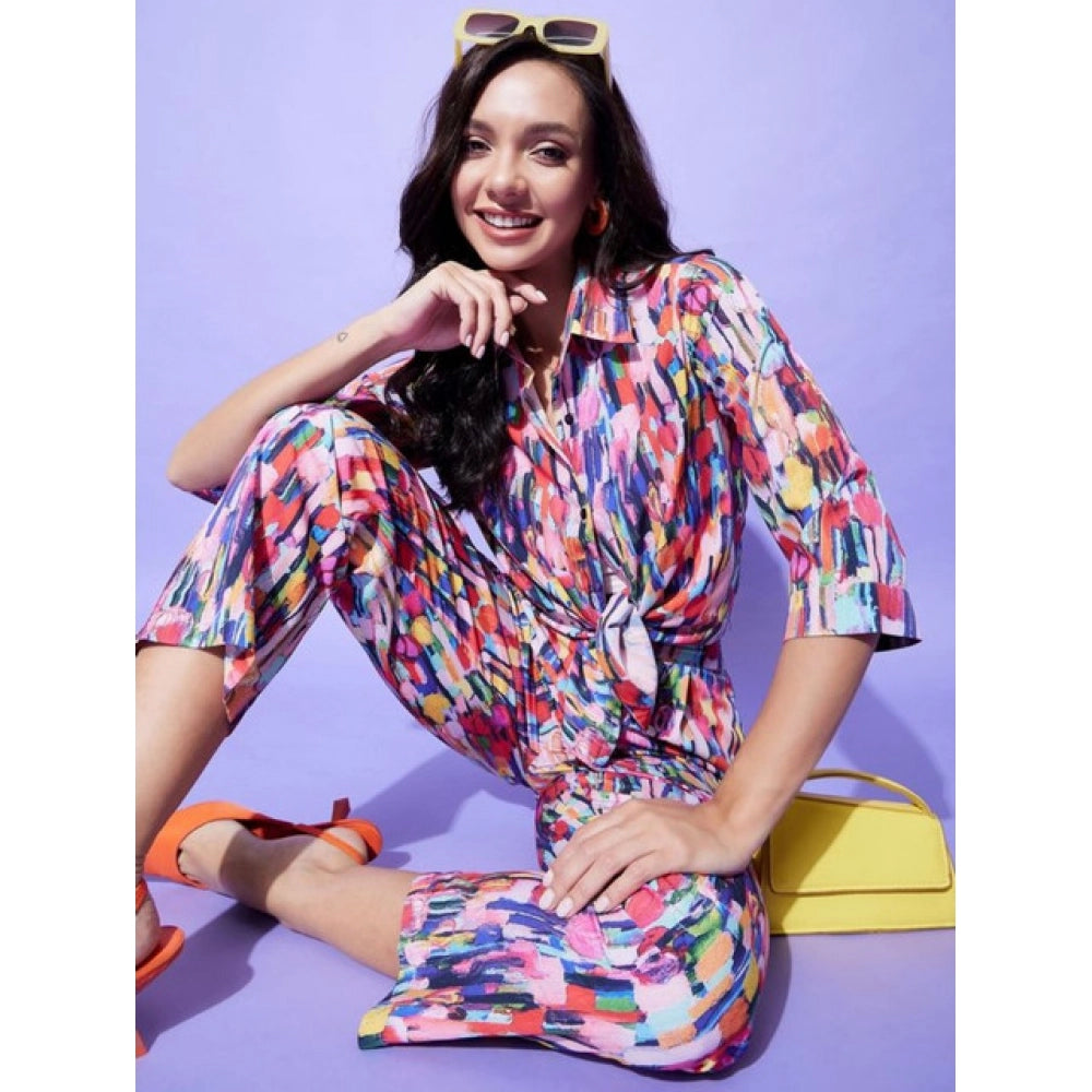 Generic Women's Polyester Floral 3-4th Sleeve Co-Ord Set (Multicolor)