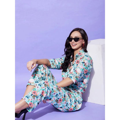 Generic Women's Polyester Floral 3-4th Sleeve Co-Ord Set (Multicolor)