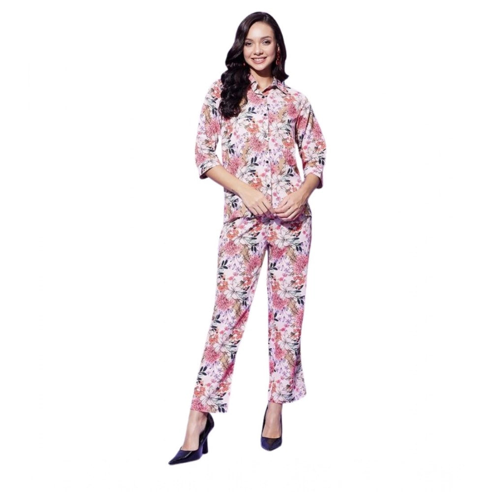 Generic Women's Polyester Floral 3-4th Sleeve Co-Ord Set (Multicolor)