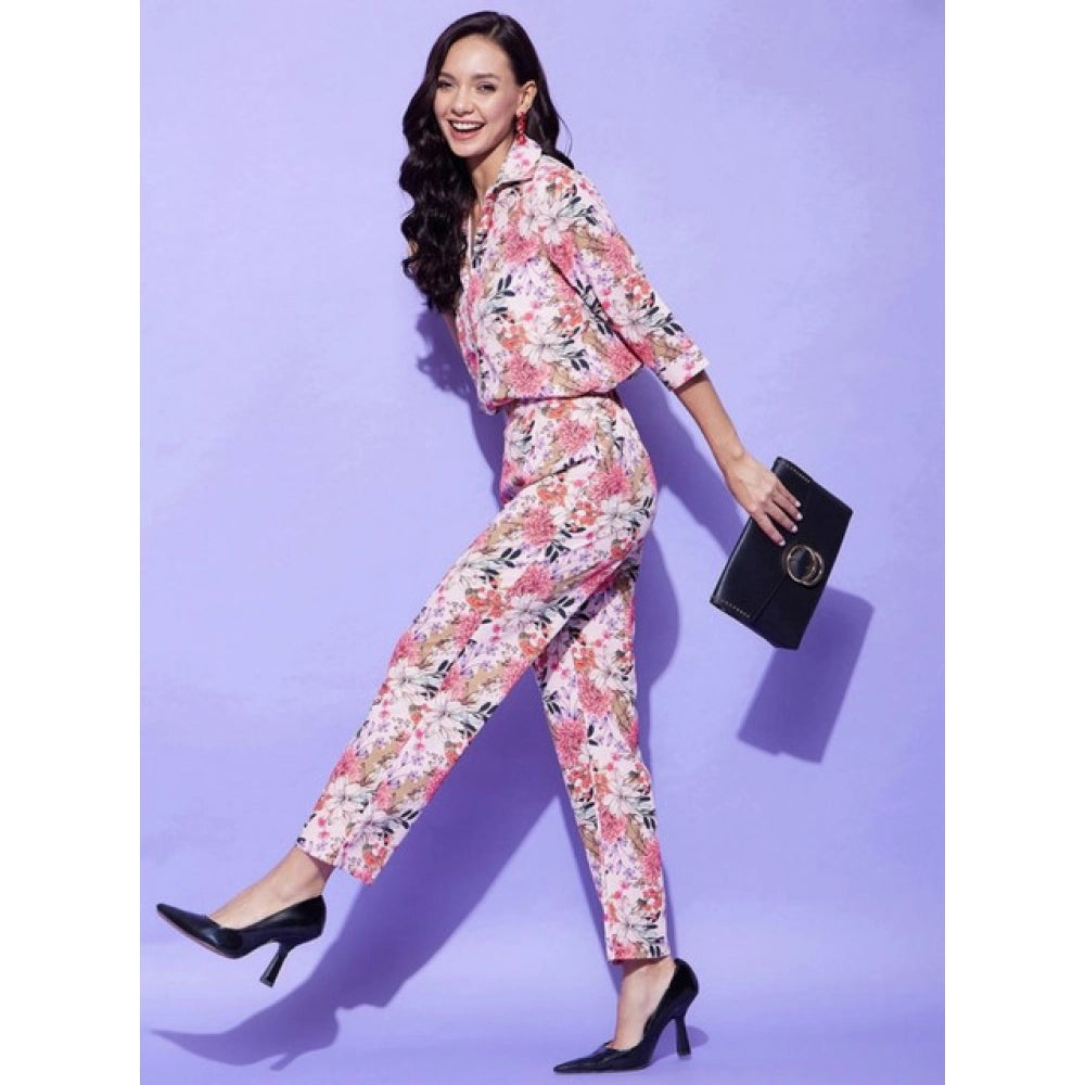 Generic Women's Polyester Floral 3-4th Sleeve Co-Ord Set (Multicolor)