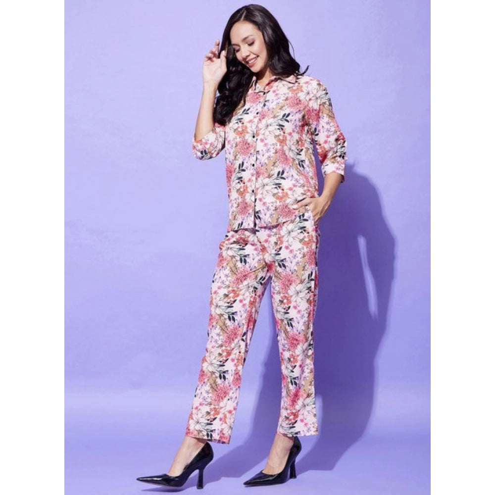 Generic Women's Polyester Floral 3-4th Sleeve Co-Ord Set (Multicolor)