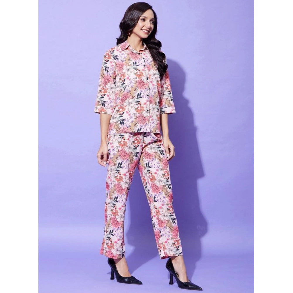 Generic Women's Polyester Floral 3-4th Sleeve Co-Ord Set (Multicolor)